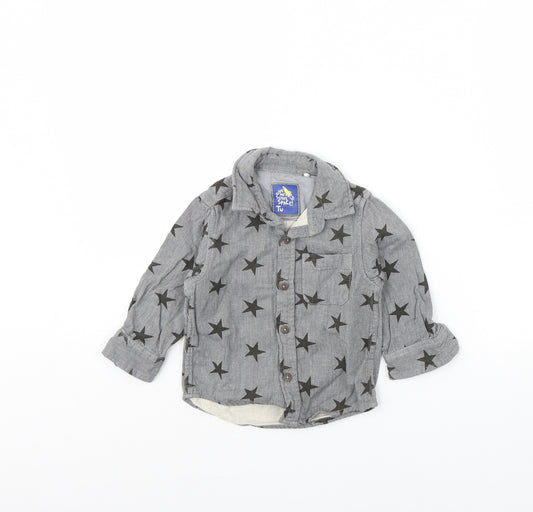 Front view of TU boys’ grey spotted basic button-up, size 9-12, months - star