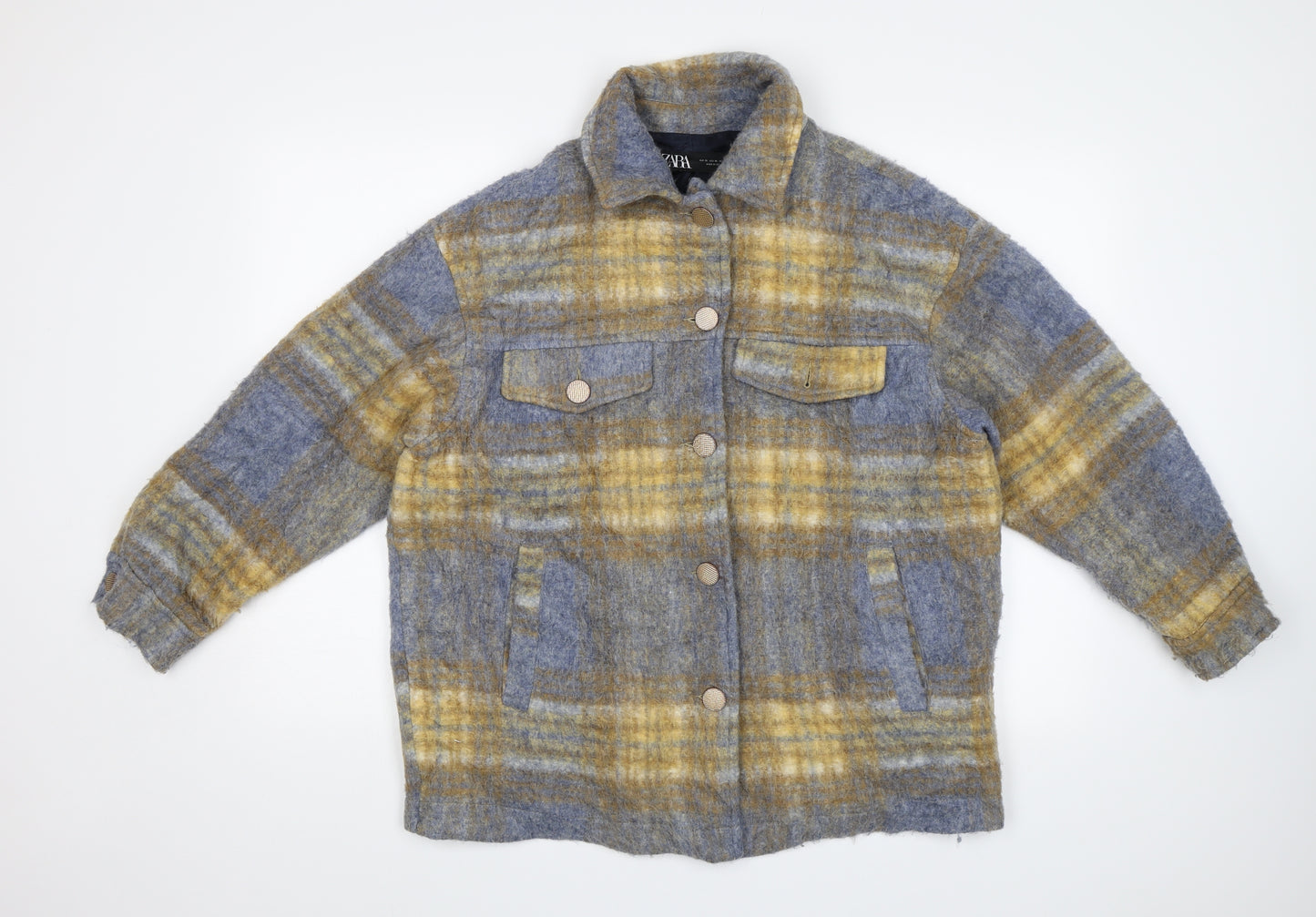 Zara Womens Blue Plaid  Overcoat Jacket Size XS