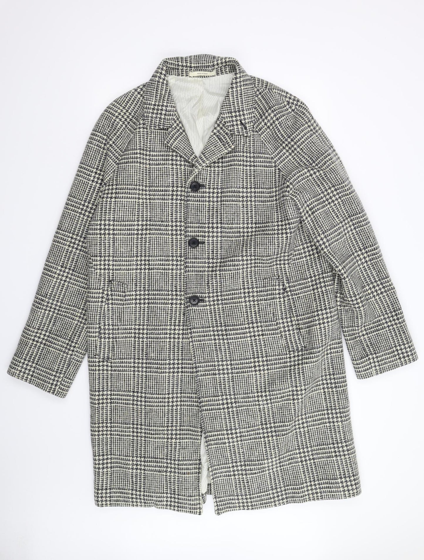 Molloy & Sons Mens Beige Houndstooth  Overcoat Coat Size 44  - Merino Wool