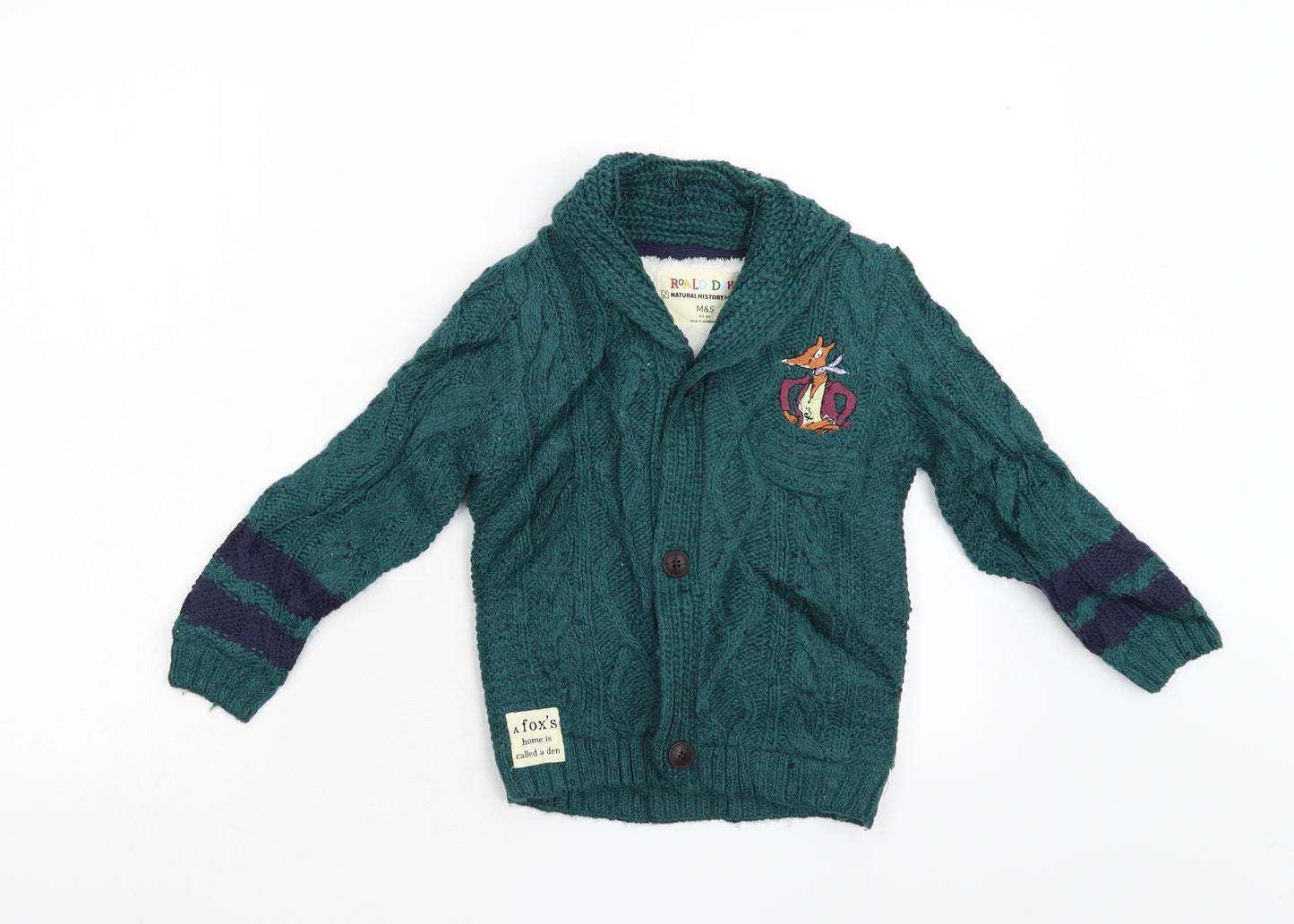 M&S Boys Green   Cardigan Jumper Size 4-5 Years  - Roald Dahl Mr Fox