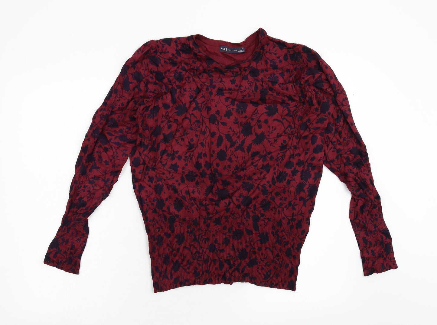 M&S Womens Red Floral Knit Pullover Jumper Size 14
