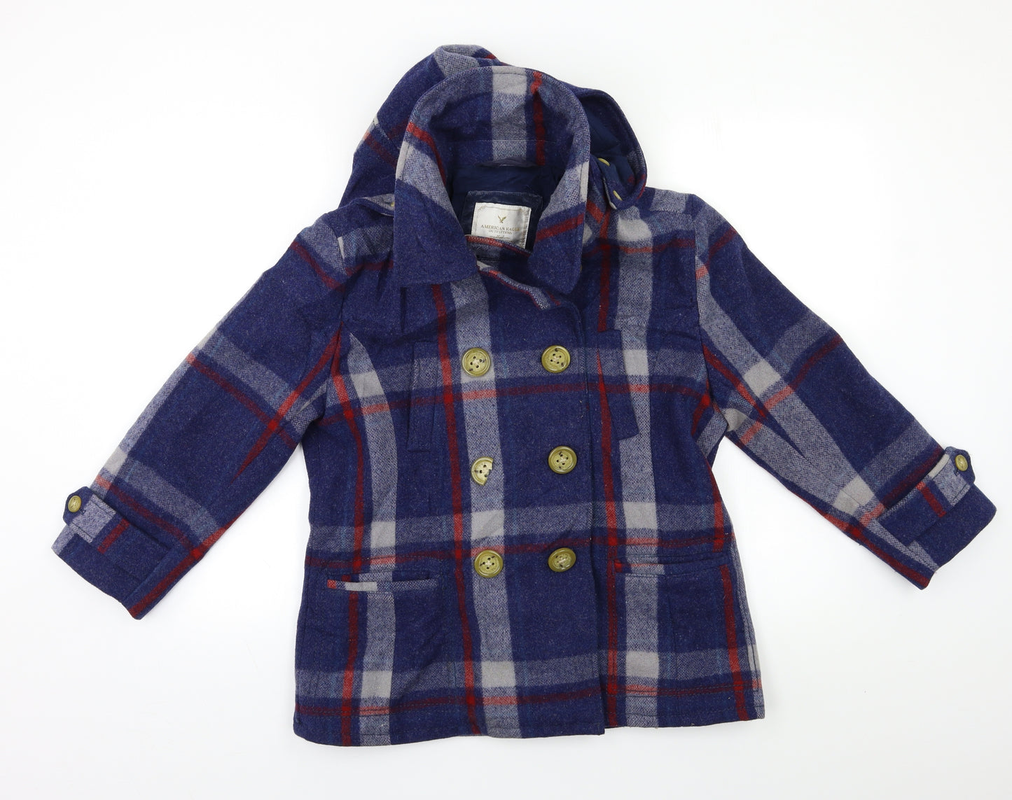 American Eagle Womens Blue Check  Pea Coat Coat Size L
