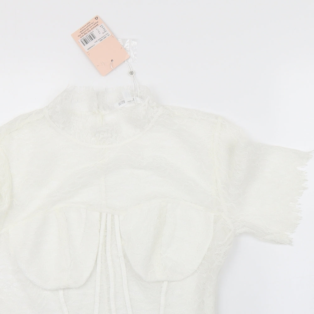 Missguided Womens White Floral Mesh Basic Blouse Size 12