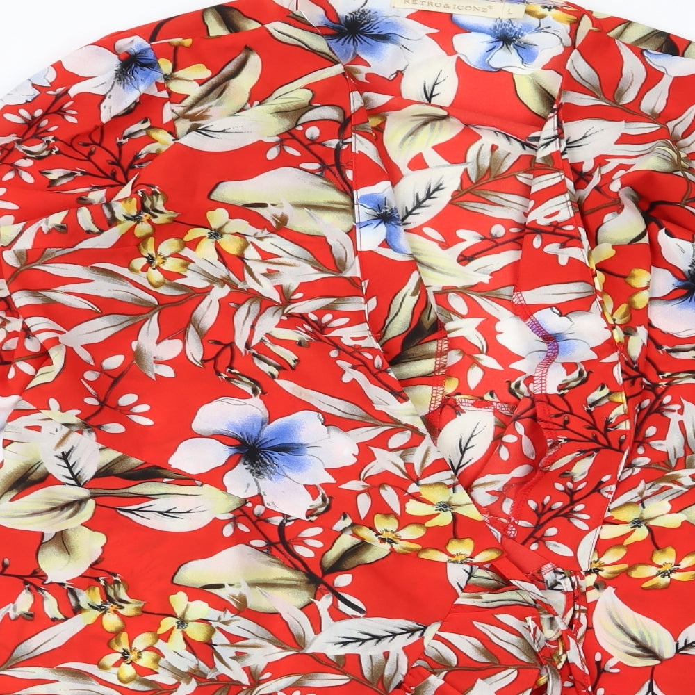 Retro Womens Red Floral  Basic Blouse Size L