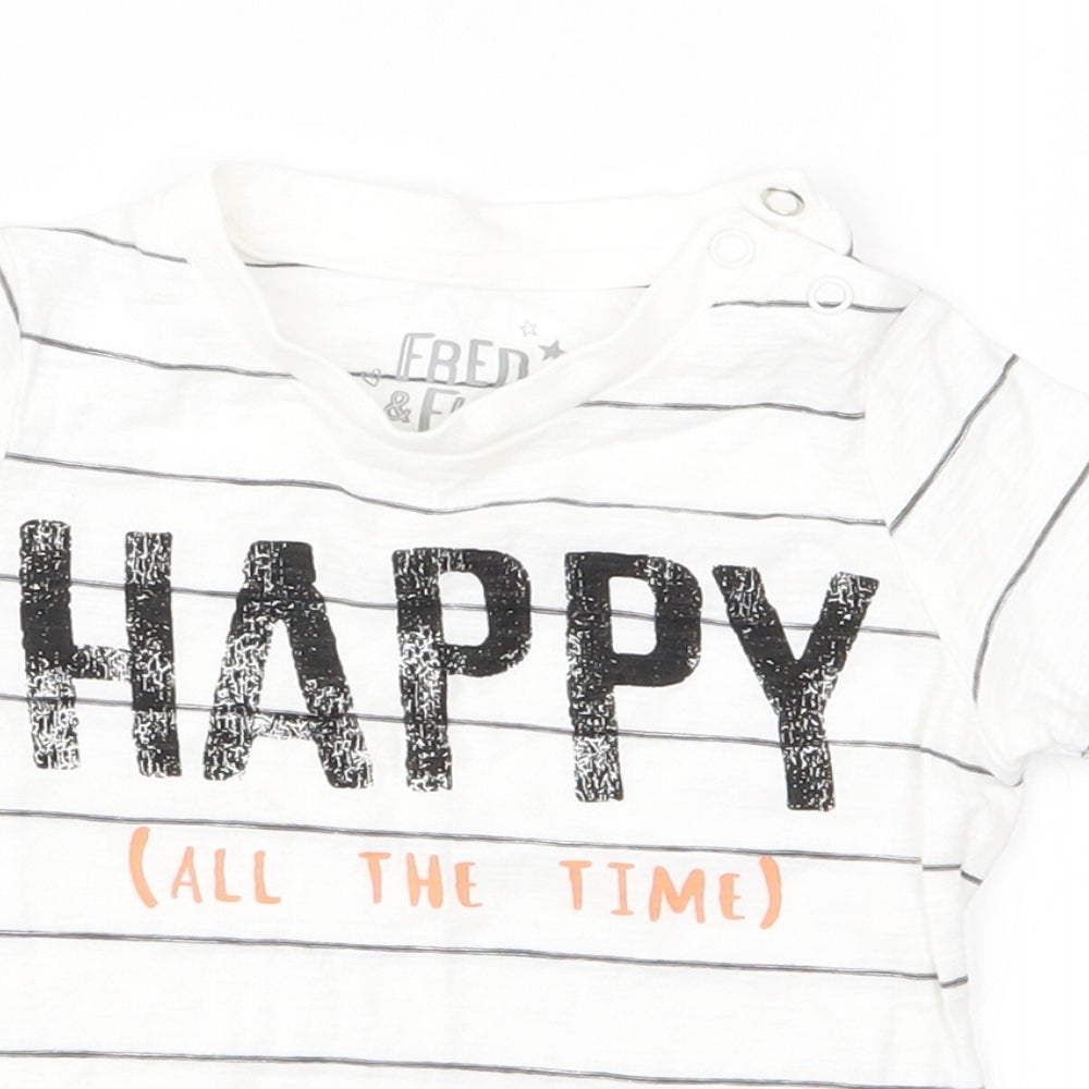 fred flo Baby White Striped  Basic T-Shirt Size 9-12 Months  - happy
