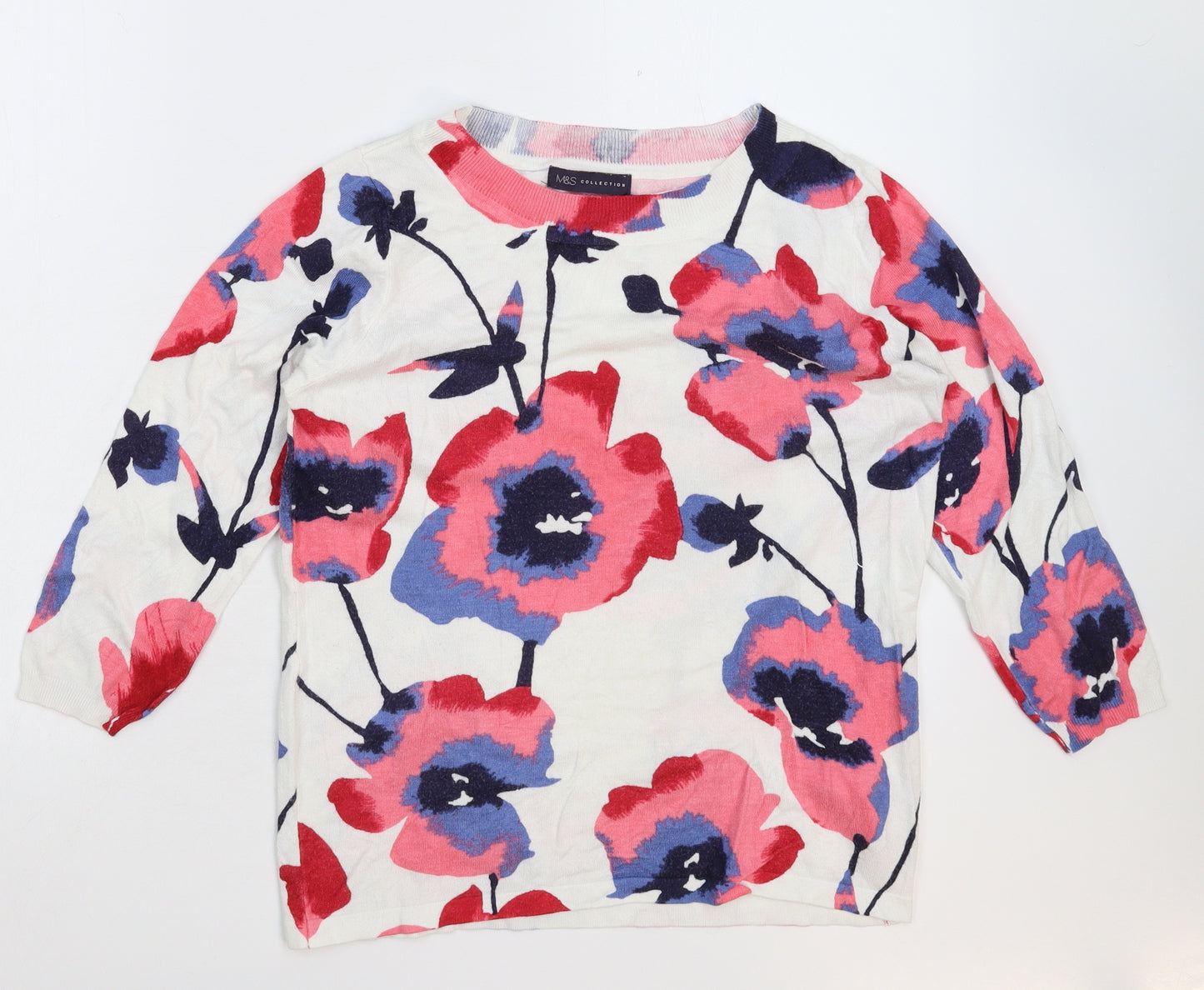 Marks and Spencer Womens White Floral Knit Pullover Jumper Size 14