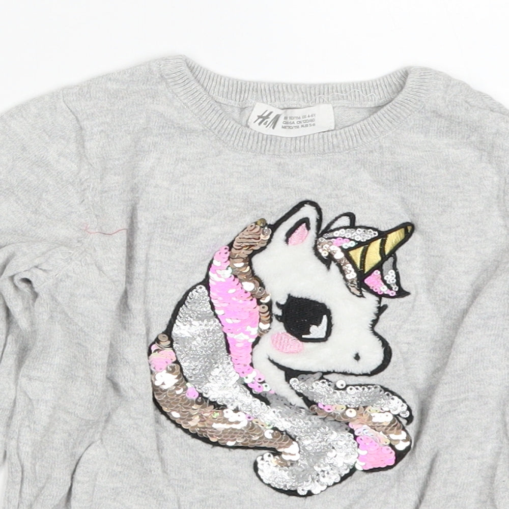 H&M Girls Grey   Pullover Jumper Size 5-6 Years  - Unicorn