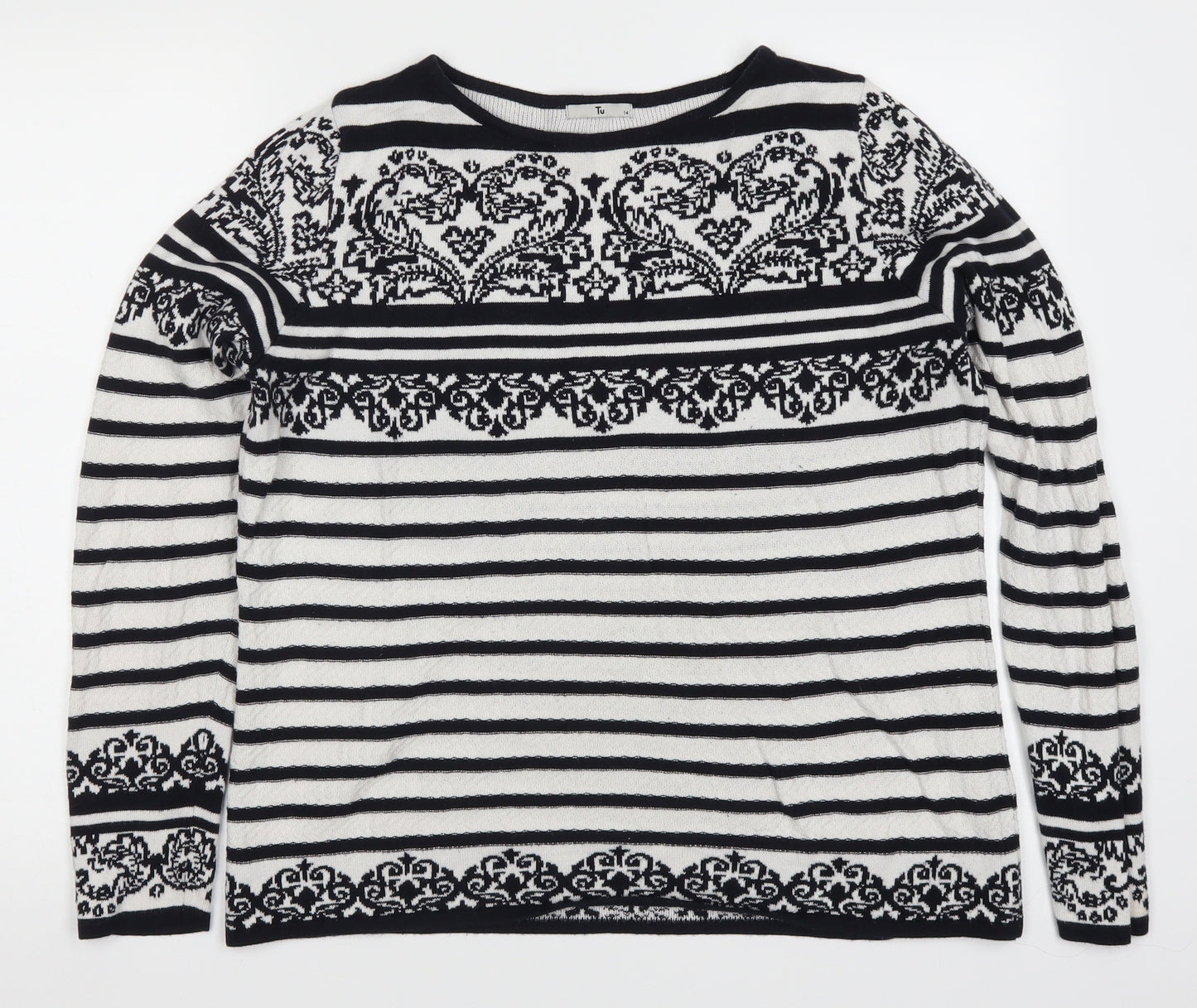 TU Womens White Striped Knit Pullover Jumper Size 14  - Black