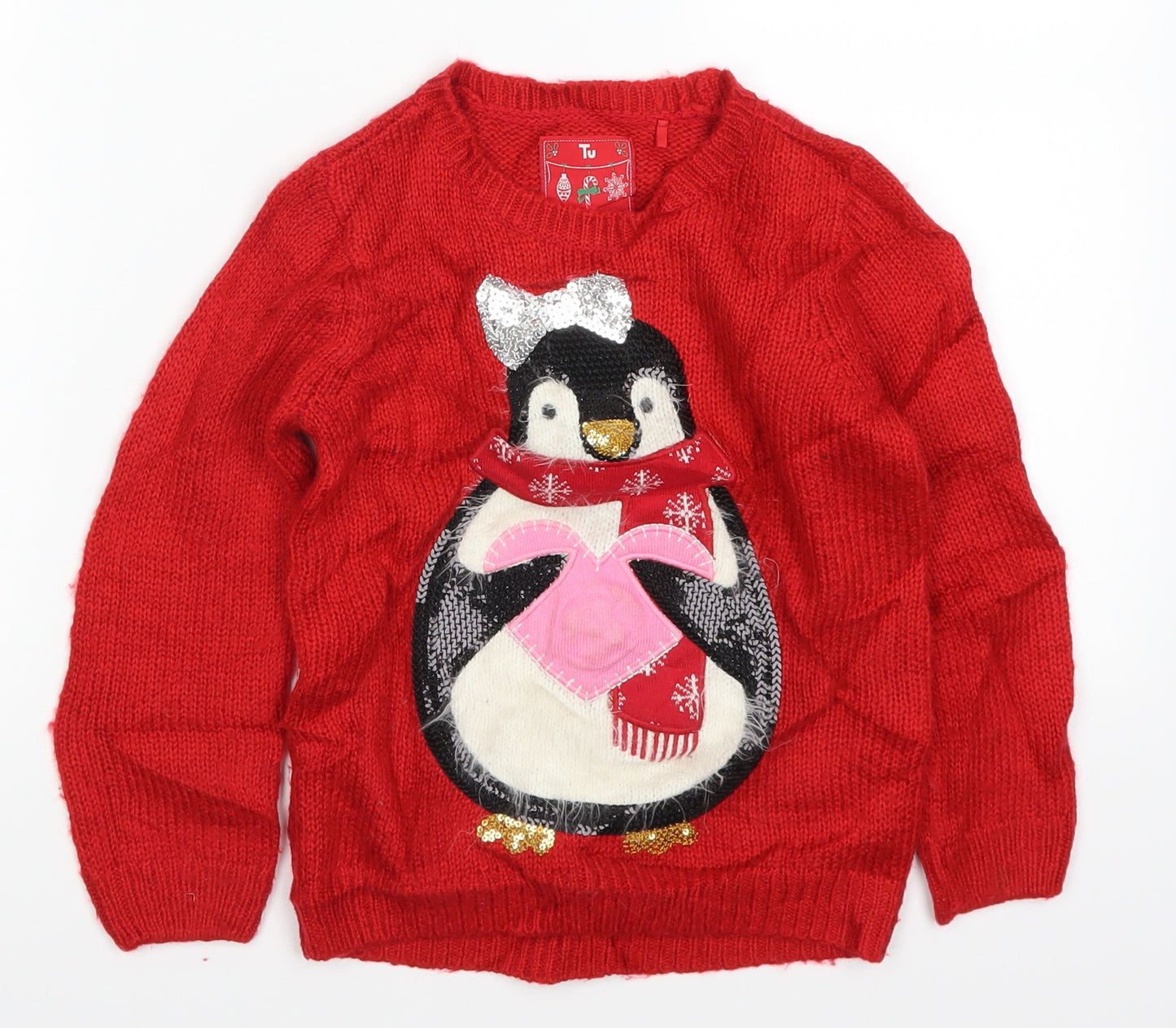 TU Girls Red  Knit Pullover Jumper Size 6 Years  - Christmas Penguin