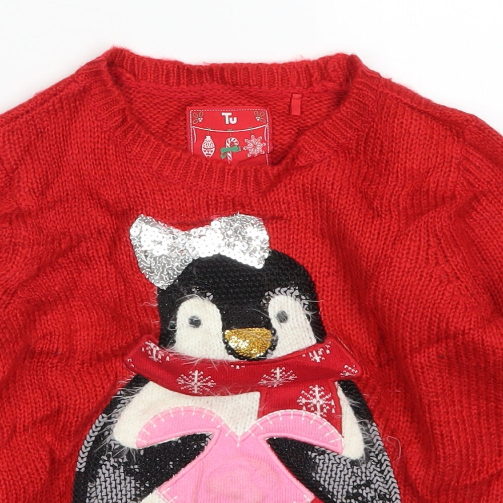 TU Girls Red  Knit Pullover Jumper Size 6 Years  - Christmas Penguin