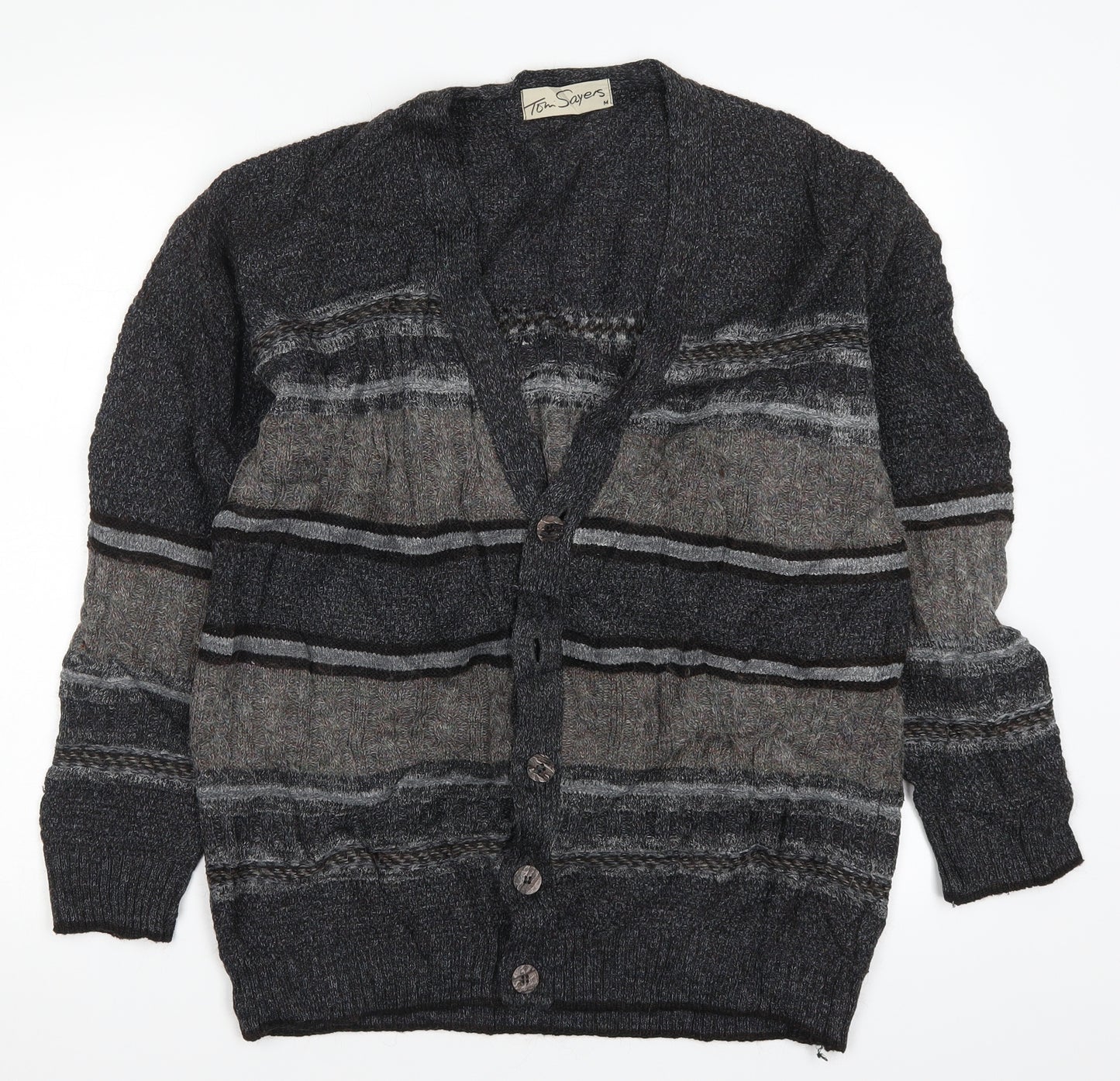 Tom Sayers Mens Grey Striped Knit Cardigan Jumper Size M