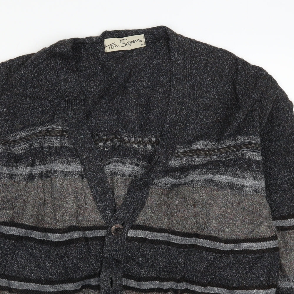 Tom Sayers Mens Grey Striped Knit Cardigan Jumper Size M