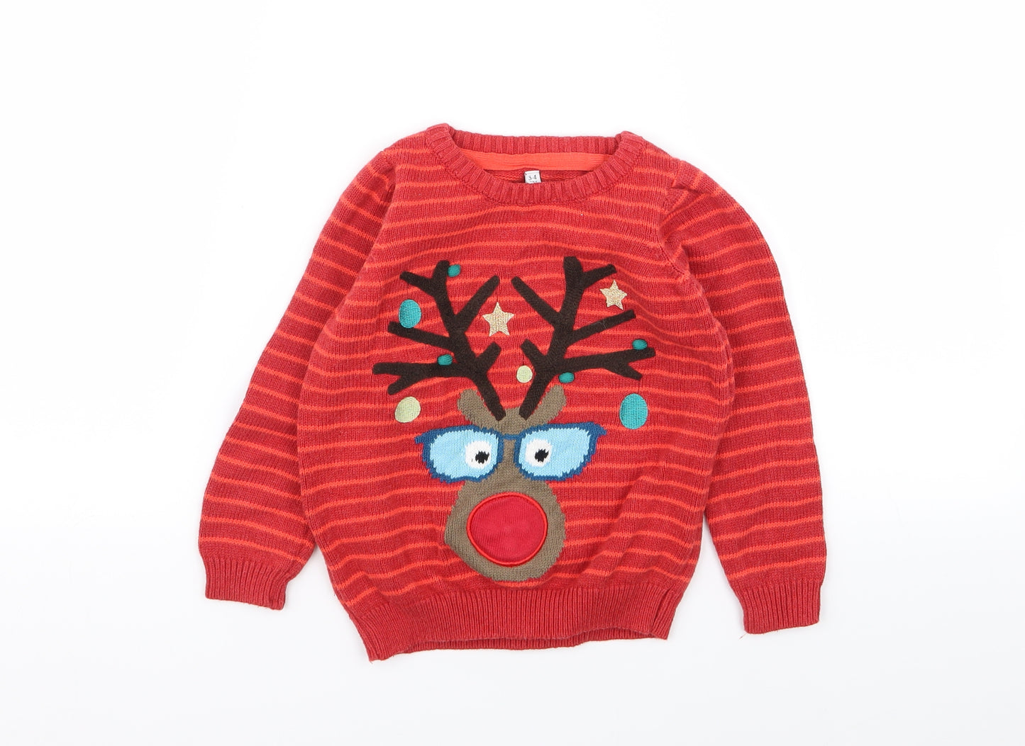M&S Boys Red Striped  Pullover Jumper Size 3-4 Years  - christmas jumper