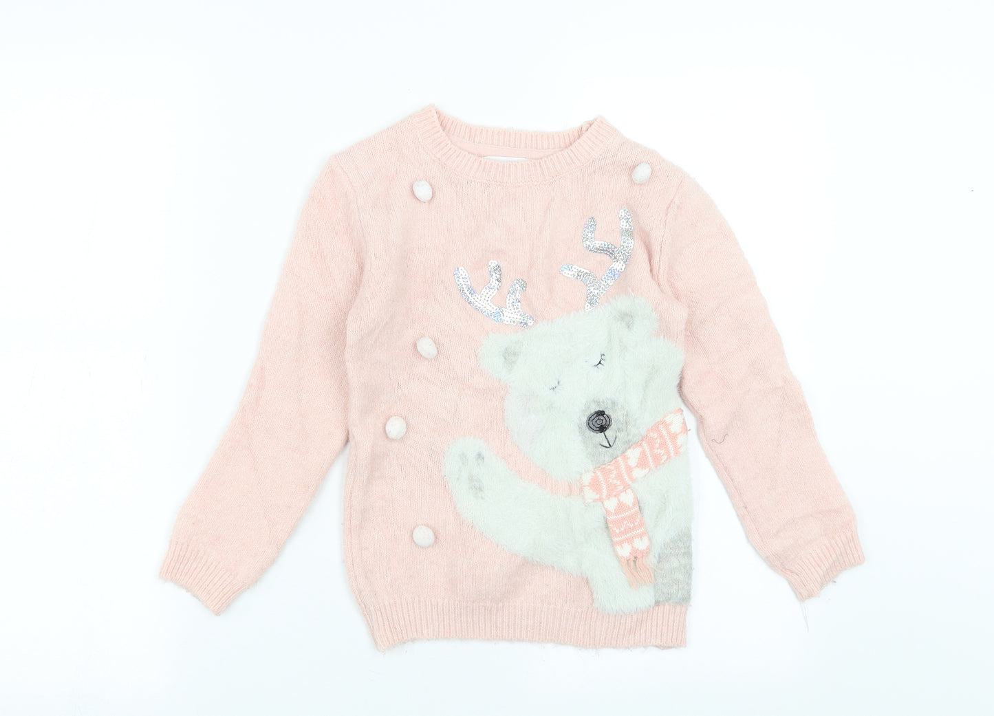 Primark Girls Pink  Knit Pullover Jumper Size 6-7 Years  - polar bear