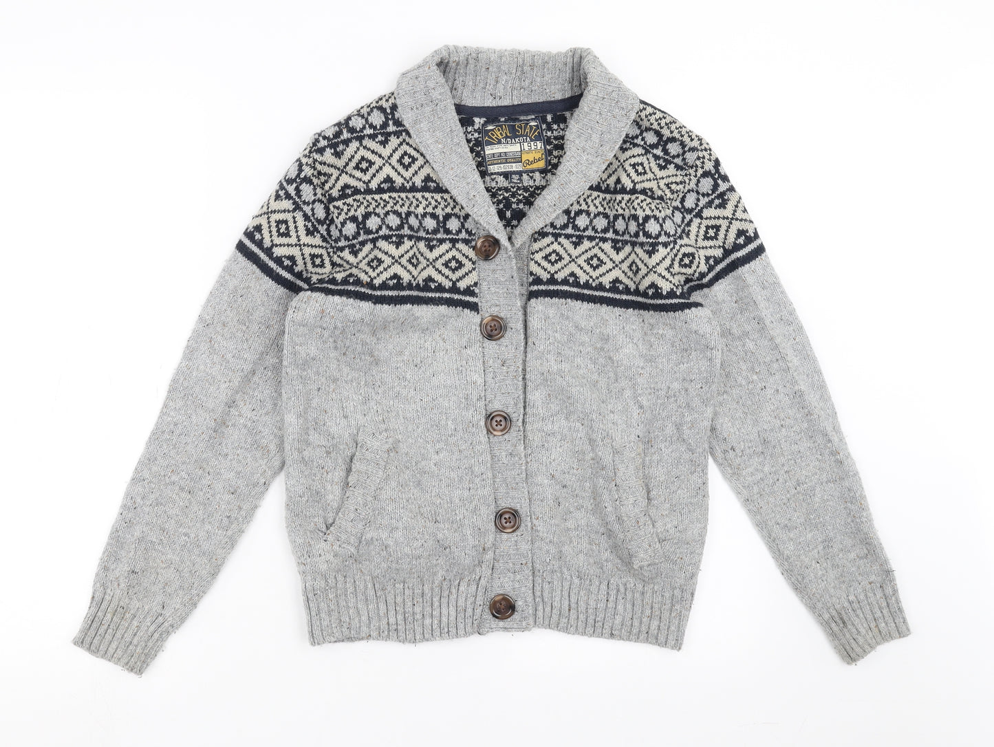 Rebel Boys Grey Geometric Knit Cardigan Jumper Size 10-11 Years