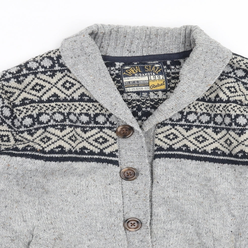 Rebel Boys Grey Geometric Knit Cardigan Jumper Size 10-11 Years