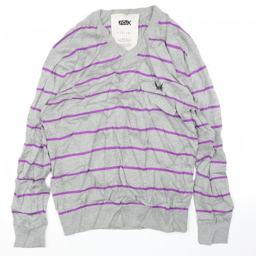FCUK Mens Grey Striped  Pullover Jumper Size M