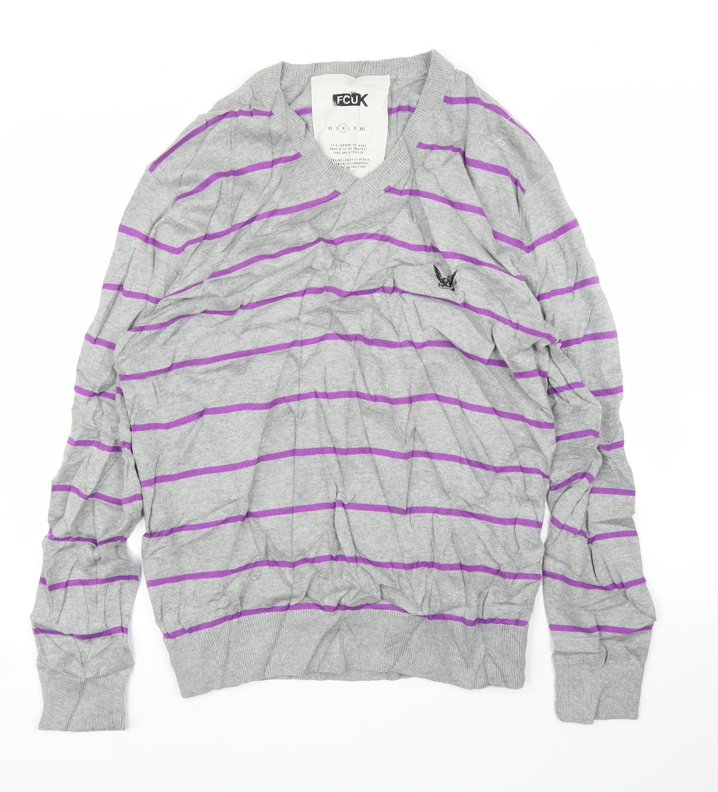FCUK Mens Grey Striped  Pullover Jumper Size M