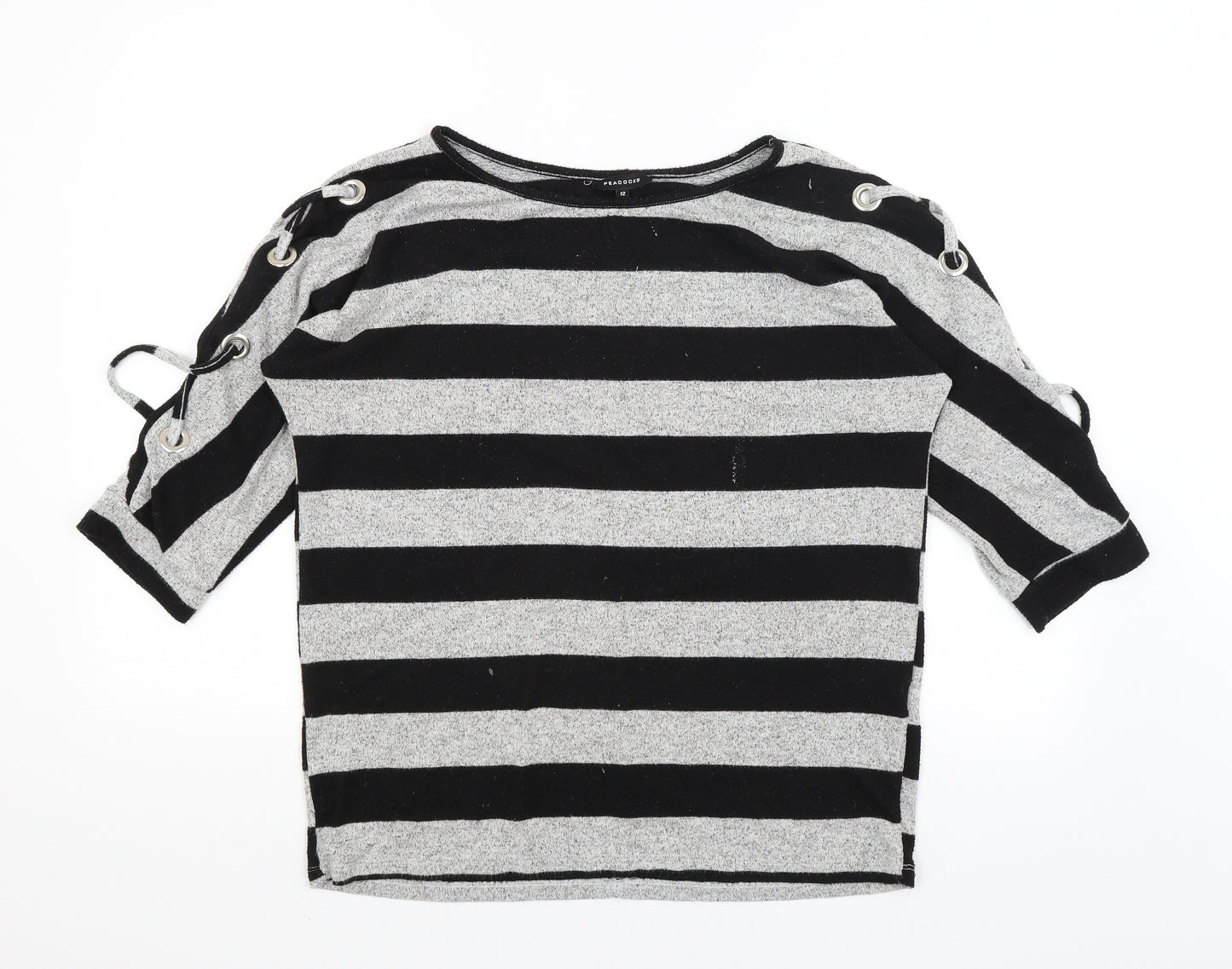 Peacocks Womens Black Striped  Basic T-Shirt Size 12