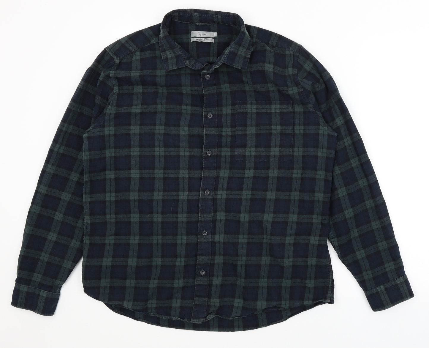 TU Mens Green Plaid   Button-Up Size L