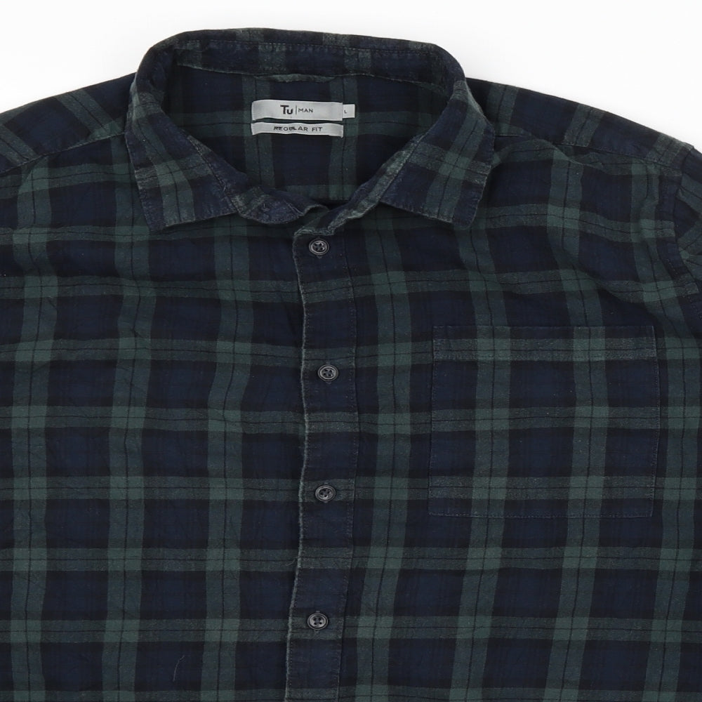 TU Mens Green Plaid   Button-Up Size L