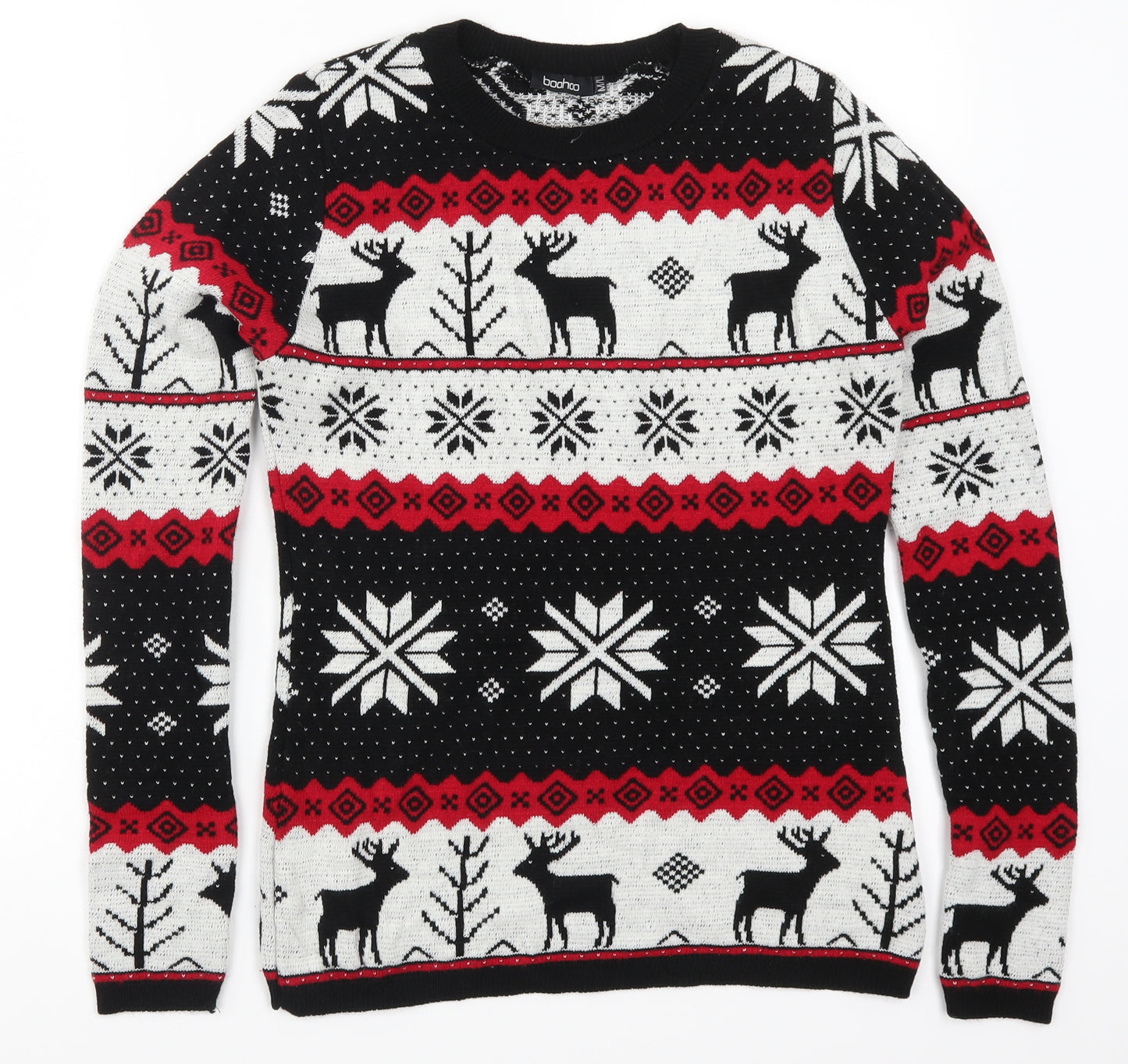 Boohoo Womens Red Geometric  Pullover Jumper Size M  - Red and Black Christmas Prints