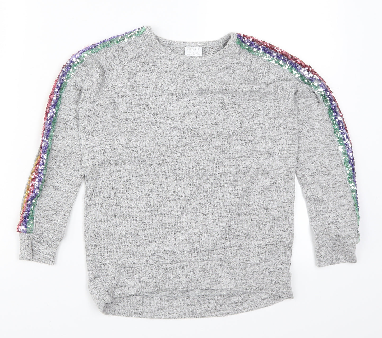 F&F Girls Grey   Basic T-Shirt Size 8-9 Years  - Rainbow Striped Sleeves