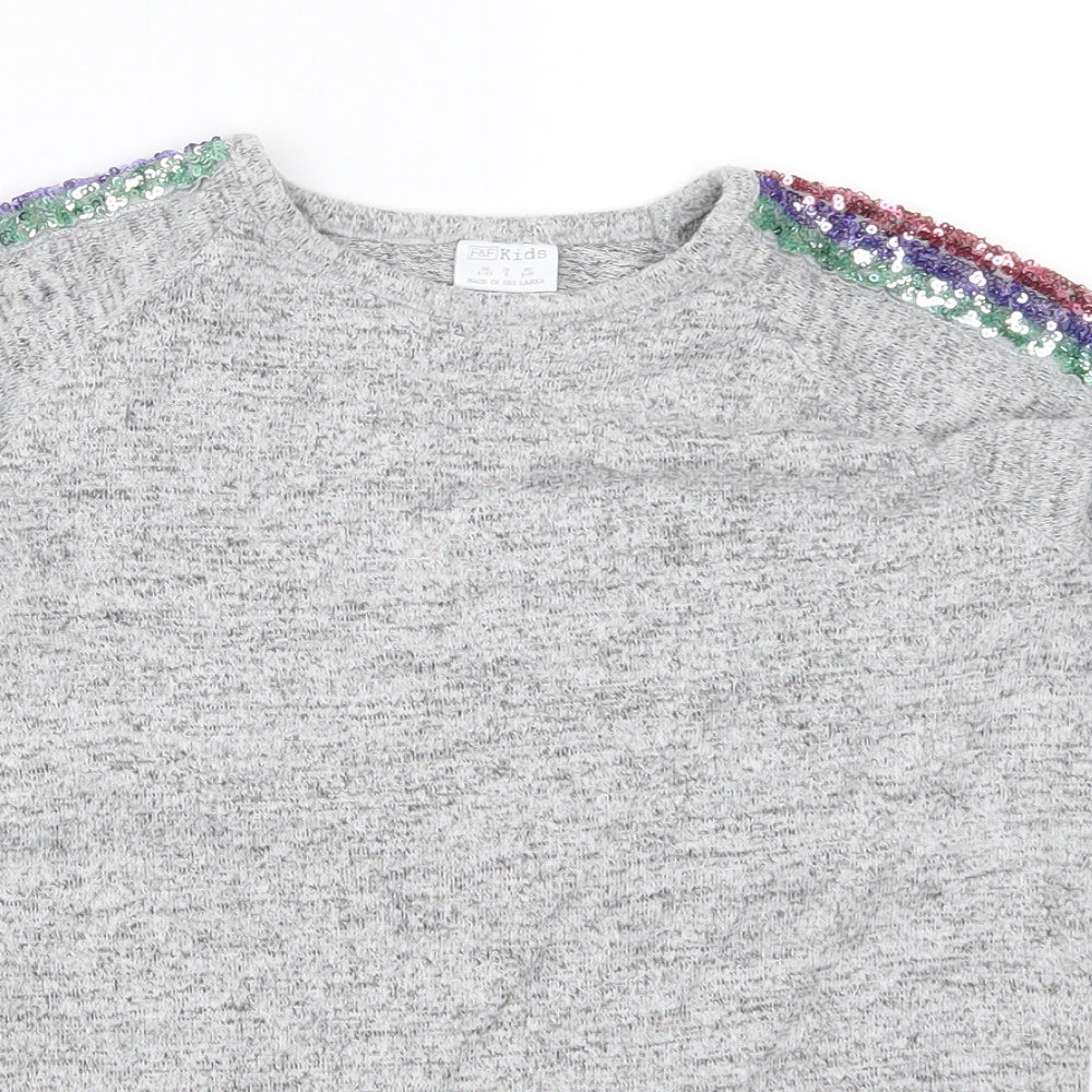 F&F Girls Grey   Basic T-Shirt Size 8-9 Years  - Rainbow Striped Sleeves