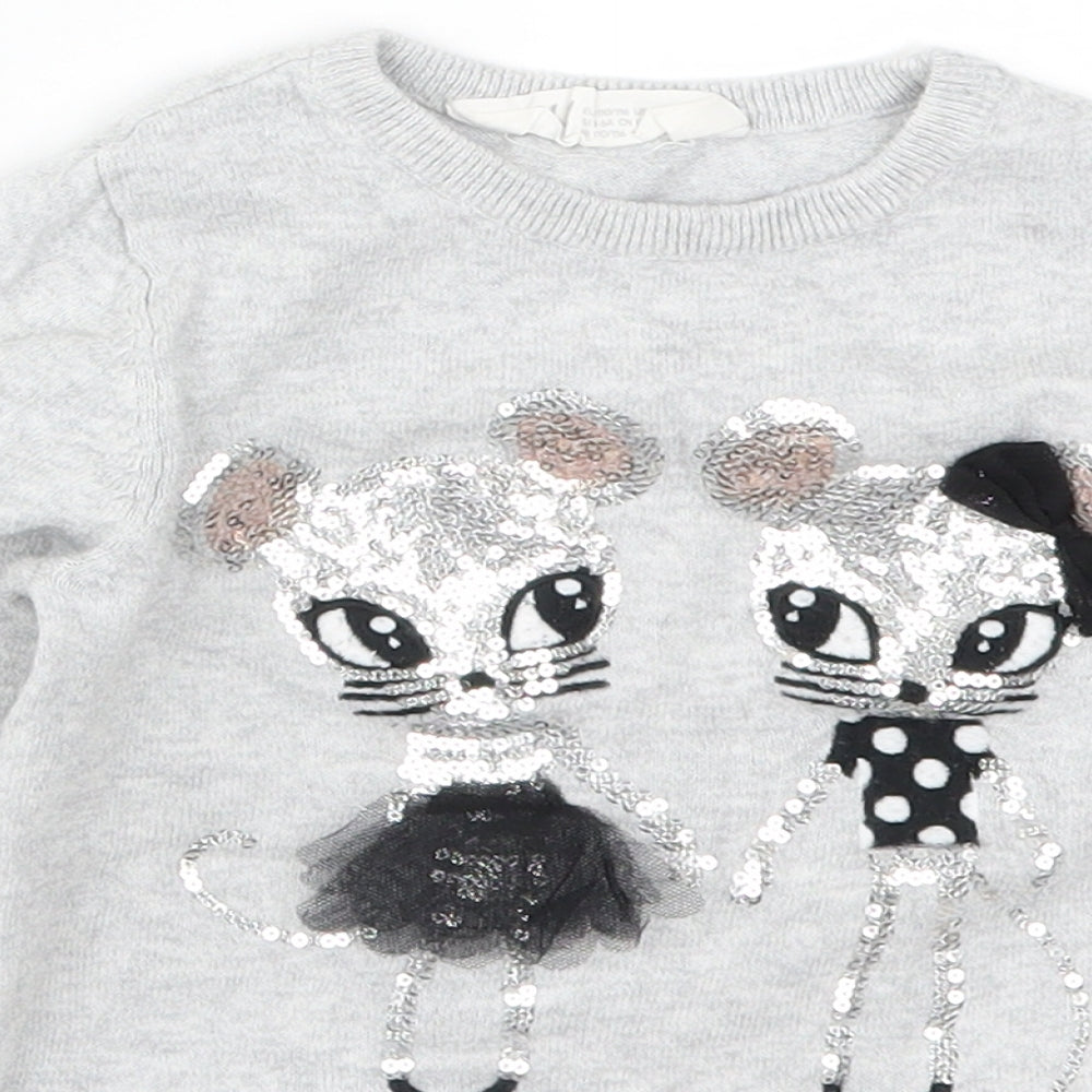 H&M Girls Grey   Pullover Jumper Size 5-6 Years  - Cute Mice