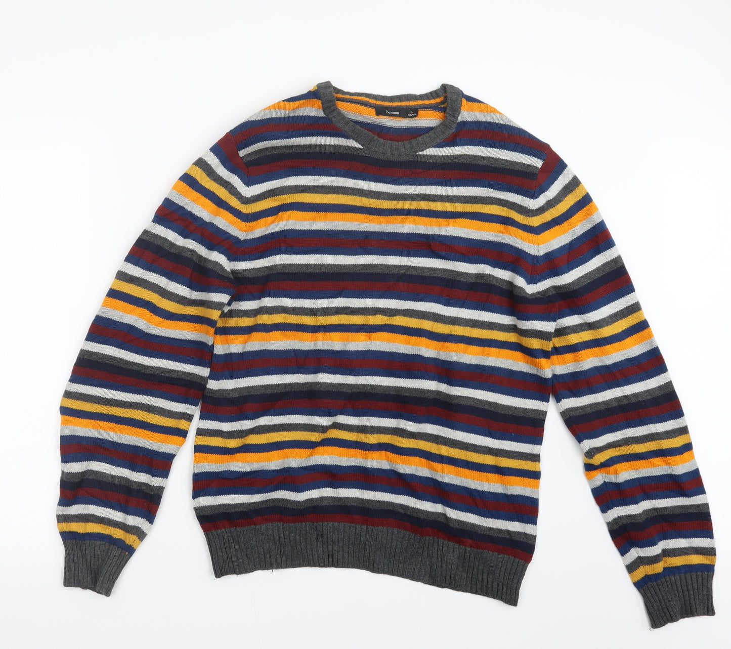 Bossini Mens Grey Striped Knit Pullover Jumper Size L