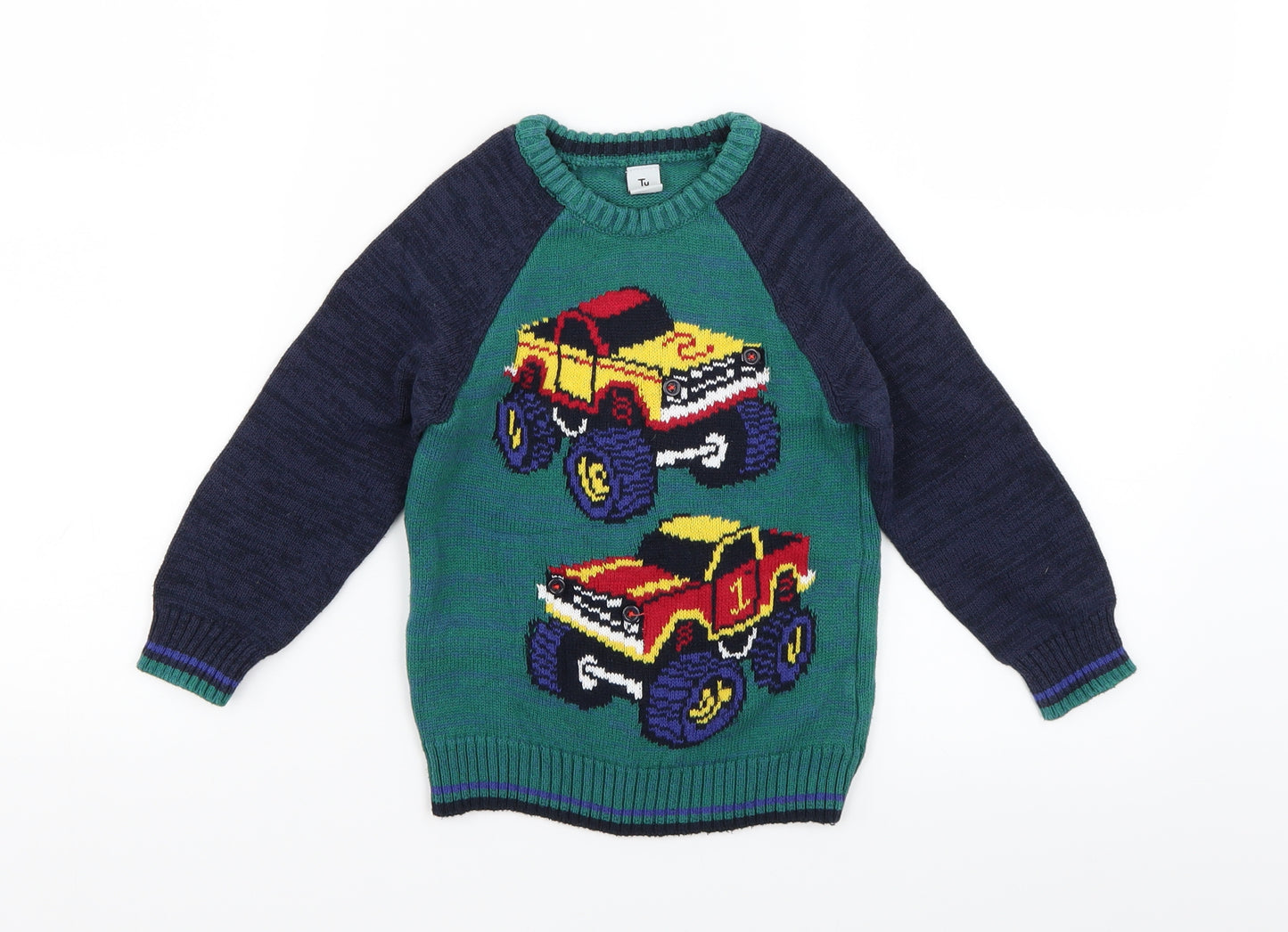 TU Boys Green Colourblock Knit Pullover Jumper Size 4-5 Years  - Monster Truck