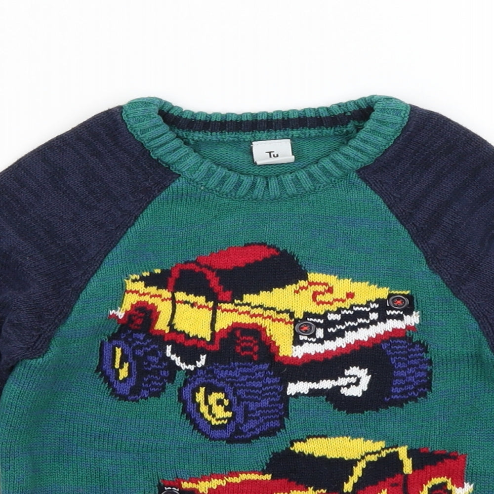 TU Boys Green Colourblock Knit Pullover Jumper Size 4-5 Years  - Monster Truck