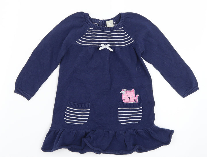 TU Girls Blue Striped Knit Jumper Dress Size 6-9 Months