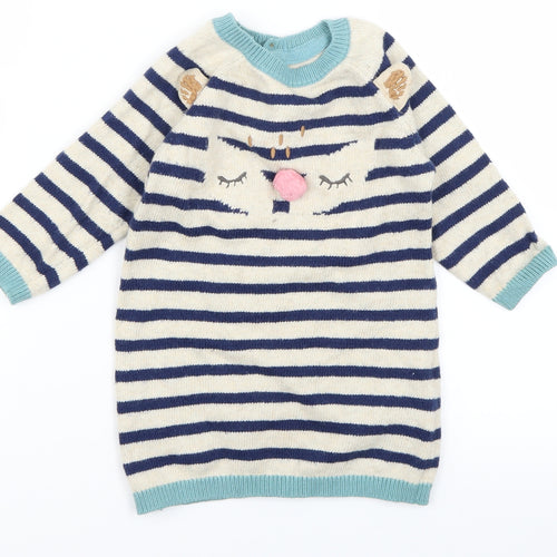 M&S Girls Blue Striped Knit Jumper Dress  Size 9-12 Months