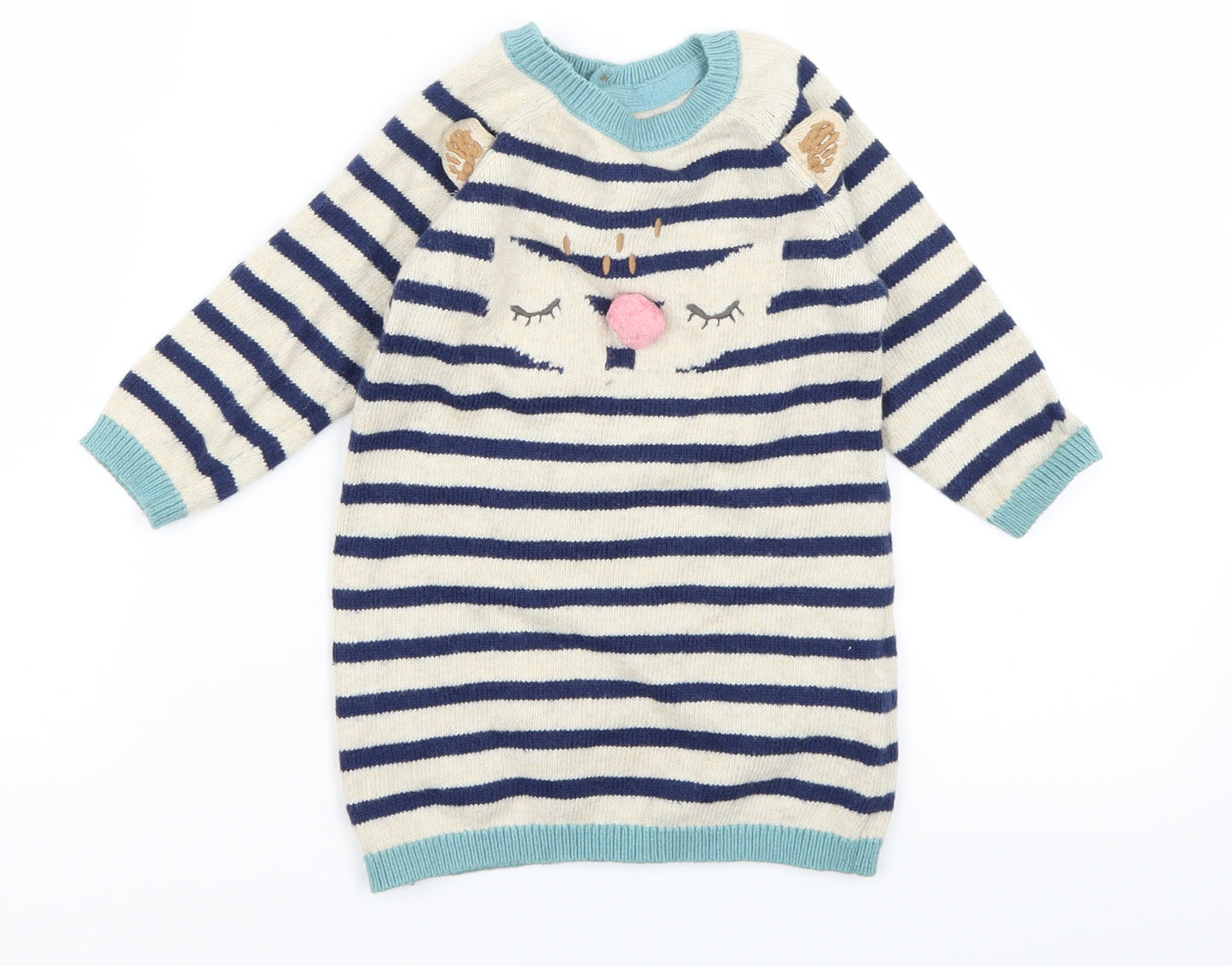 M&S Girls Blue Striped Knit Jumper Dress  Size 9-12 Months