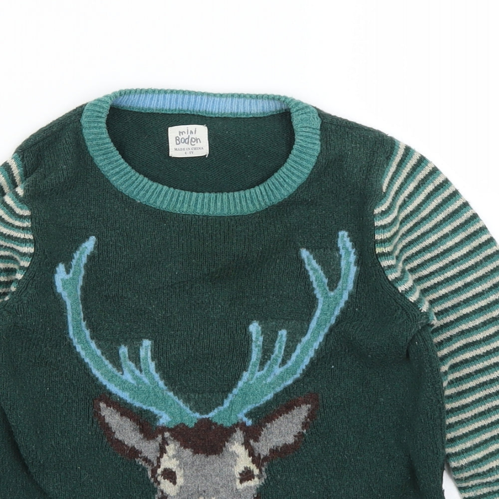 Mini Boden Boys Green Striped Knit Pullover Jumper Size 4-5 Years