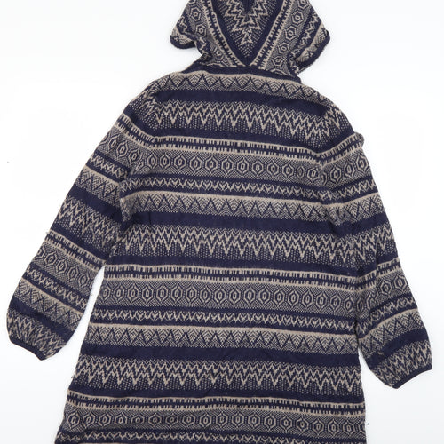 Indigo Womens Blue Fair Isle Knit Pullover Hoodie Size 16  - Longline