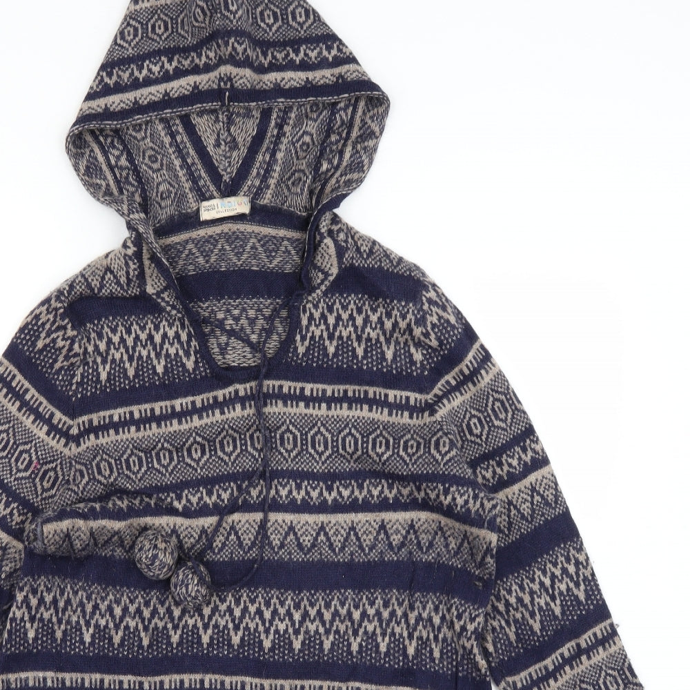 Indigo Womens Blue Fair Isle Knit Pullover Hoodie Size 16  - Longline