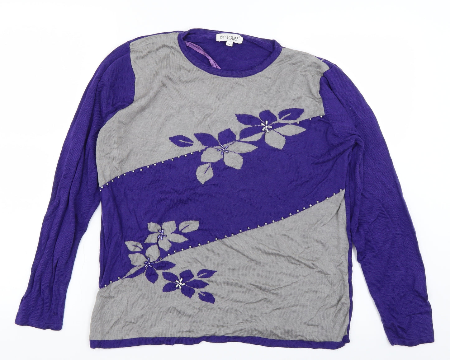 Fay Louise Womens Purple Floral Knit Pullover Jumper Size L