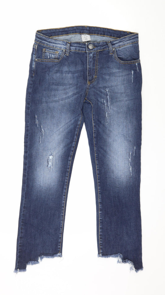 Front view of R Denim women’s blue denim cropped jeans, size M, 24-inch leg
