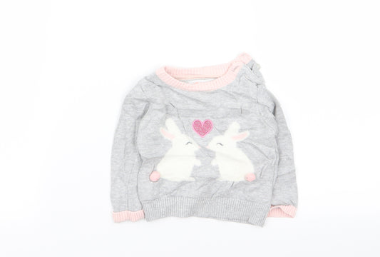 Front view of Primark girls’ grey jumper, size 3-6, months