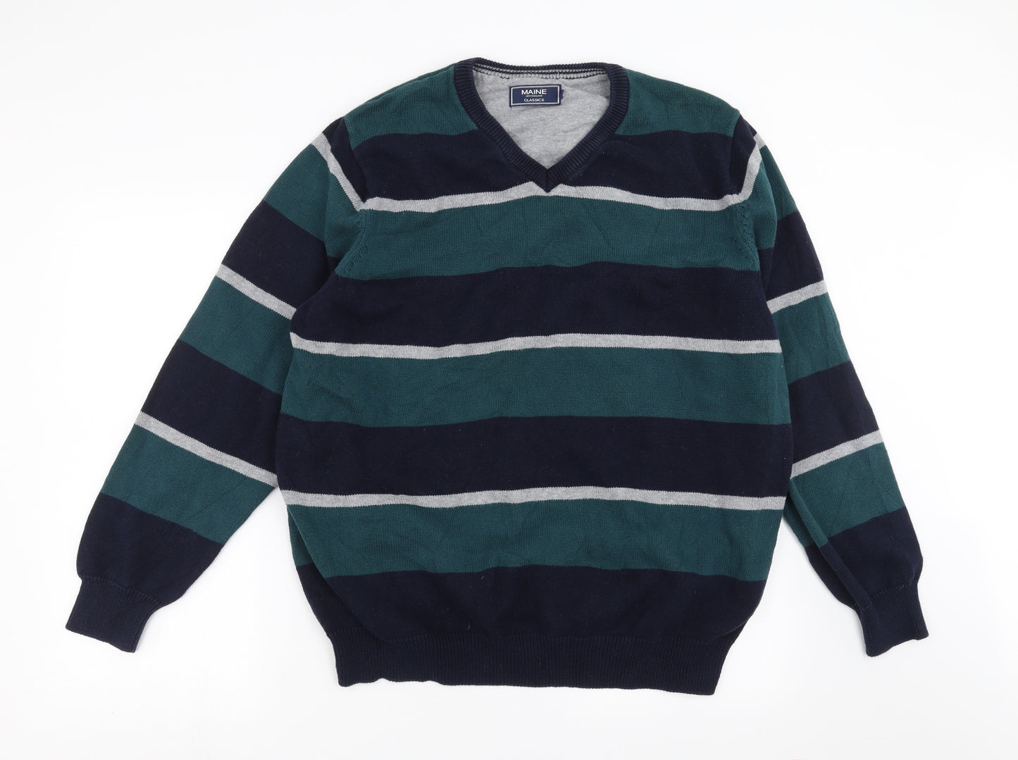 Maine New England Mens Green Striped Knit Pullover Jumper Size XL