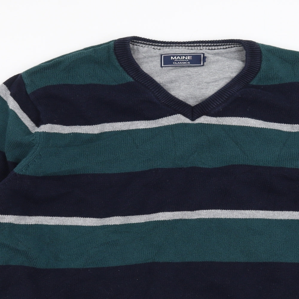 Maine New England Mens Green Striped Knit Pullover Jumper Size XL