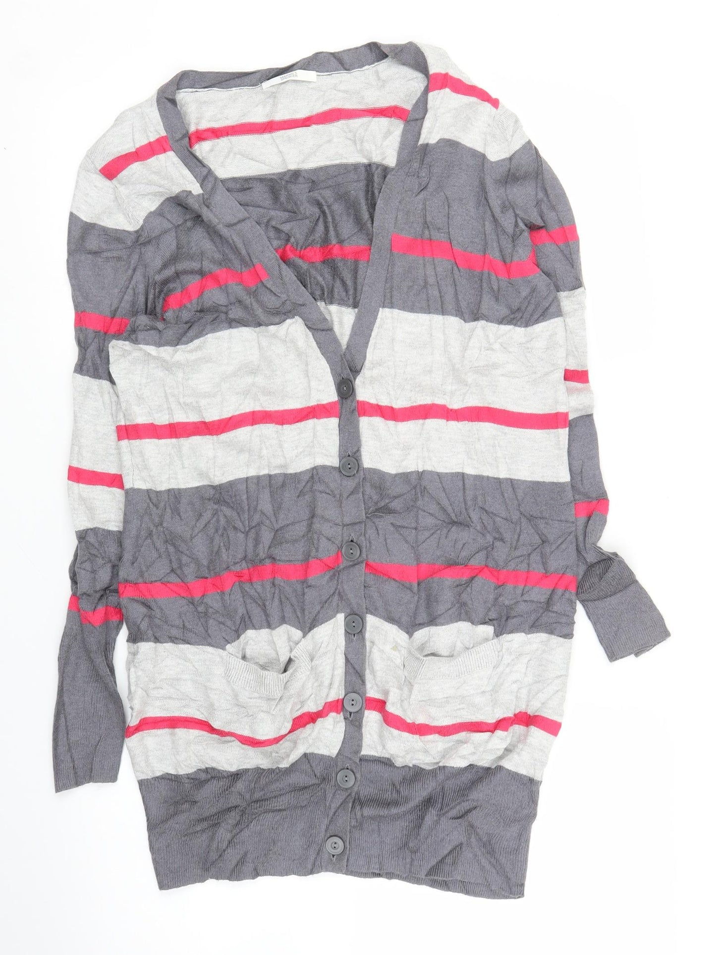 M&S Womens Grey Striped  Cardigan Jumper Size 16