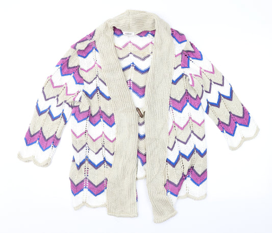 Front view of Damart women’s multicoloured geometric cardigan jumper, size UK 14