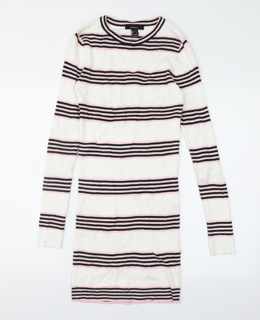 Front view of Forever 21 women’s ivory striped jumper dress, size UK 6