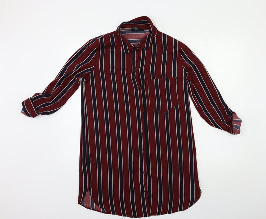 Front view of Forever 21 women’s red striped basic button-up, size S