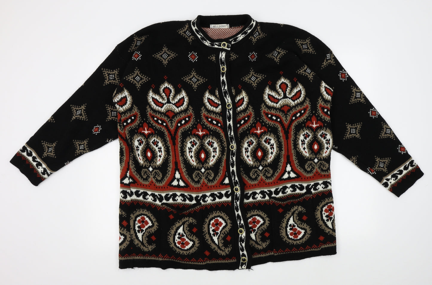 Bellisimo Womens Black Fair Isle  Cardigan Jumper Size L