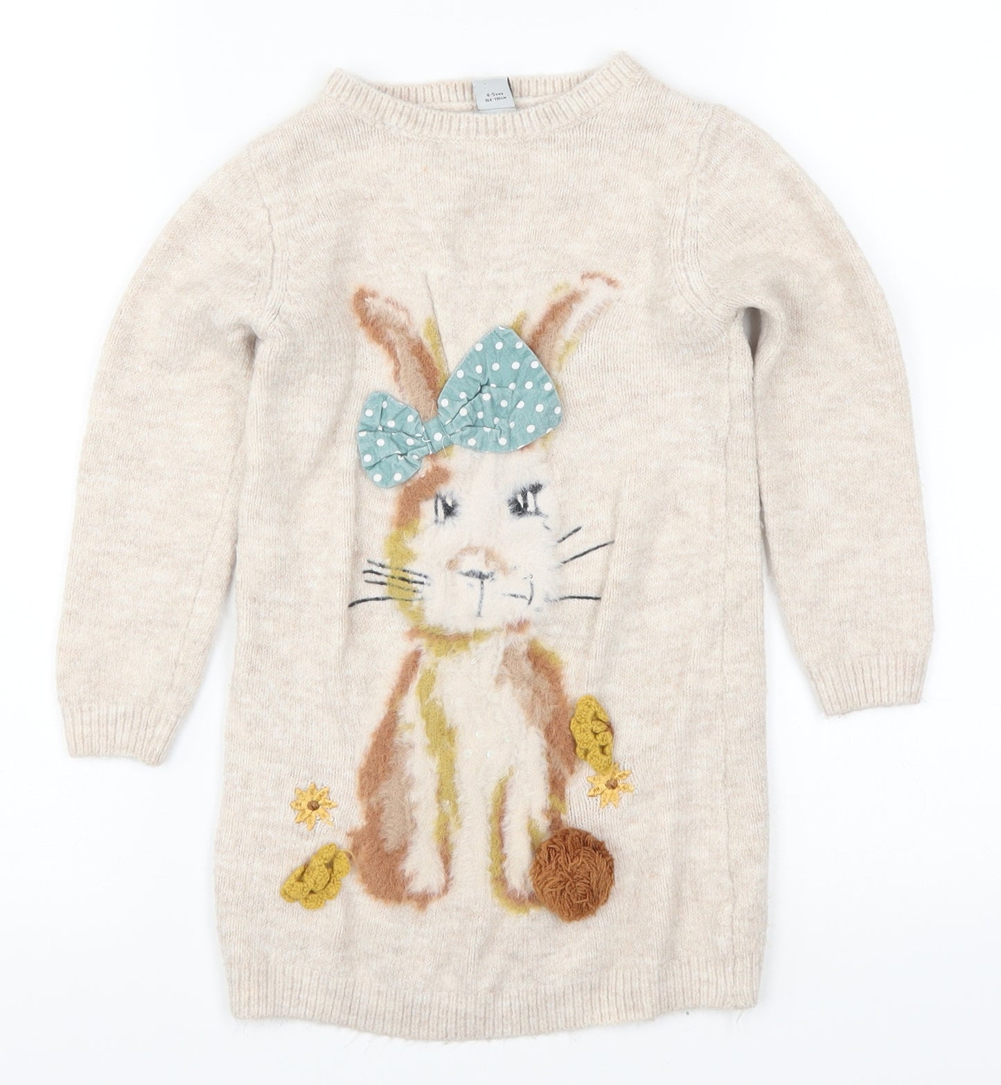 TU Girls Beige  Knit Jumper Dress  Size 4-5 Years  - Rabbit