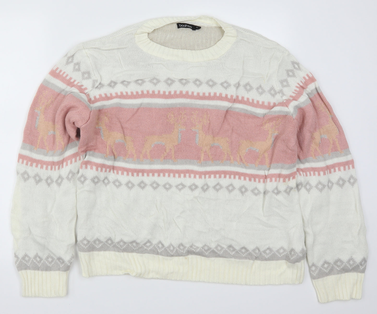 Boohoo Womens White Geometric  Pullover Jumper Size XL  - PinkChristmas Prints